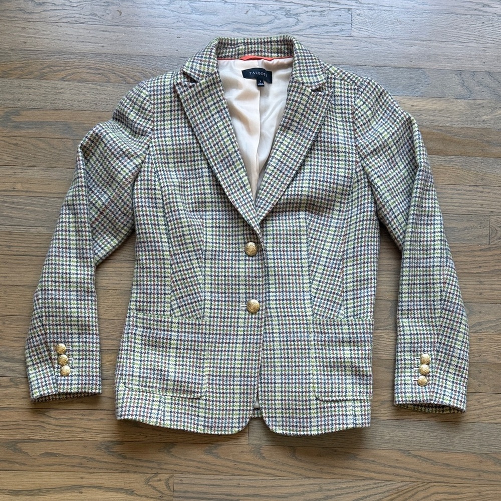 Talbots Classic Wool Blend Blazer Green Cream Plaid Size 2